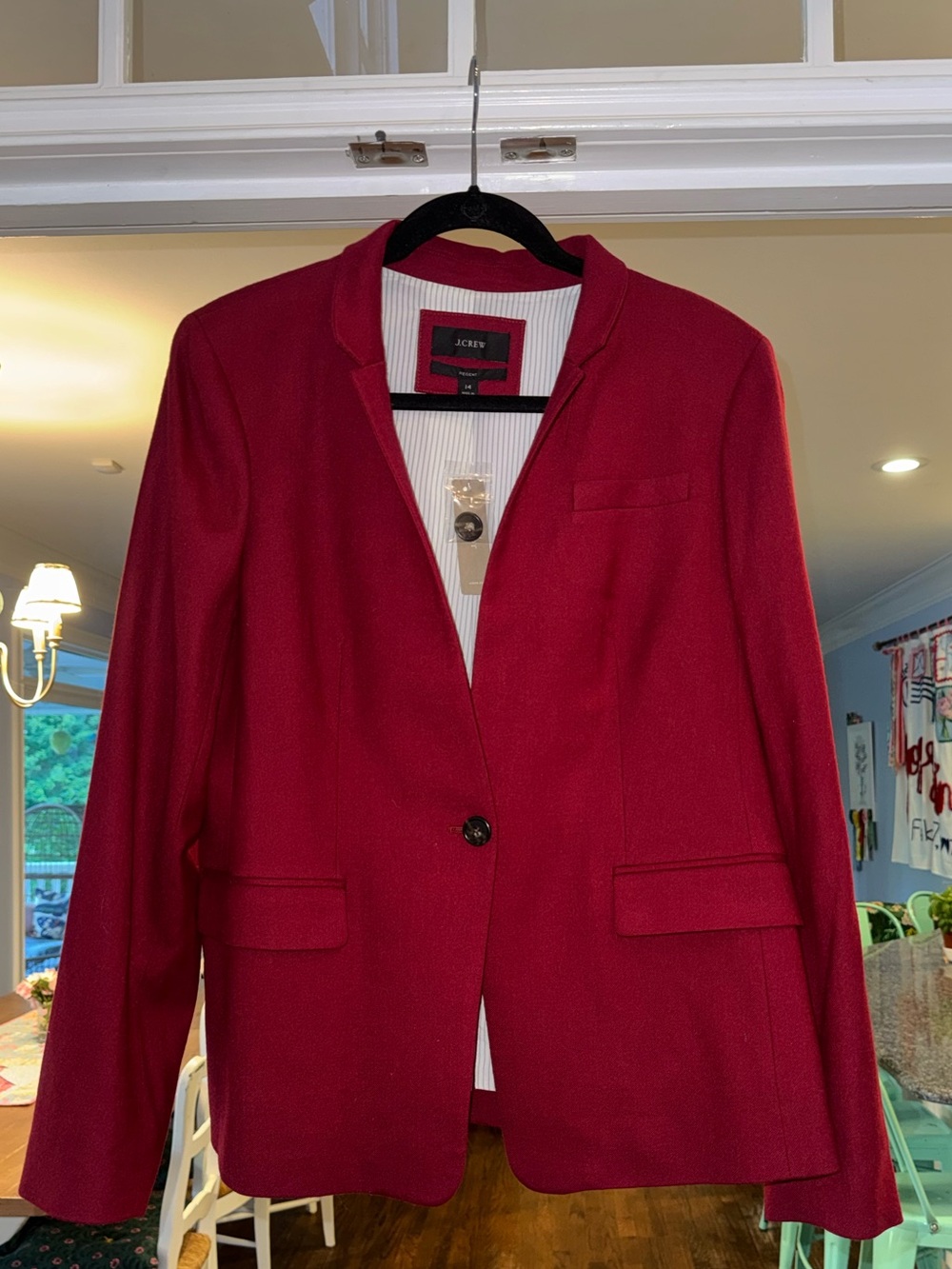 J.Crew Regent Blazer Berry Red Single Button Standing Collar Stripe Lining